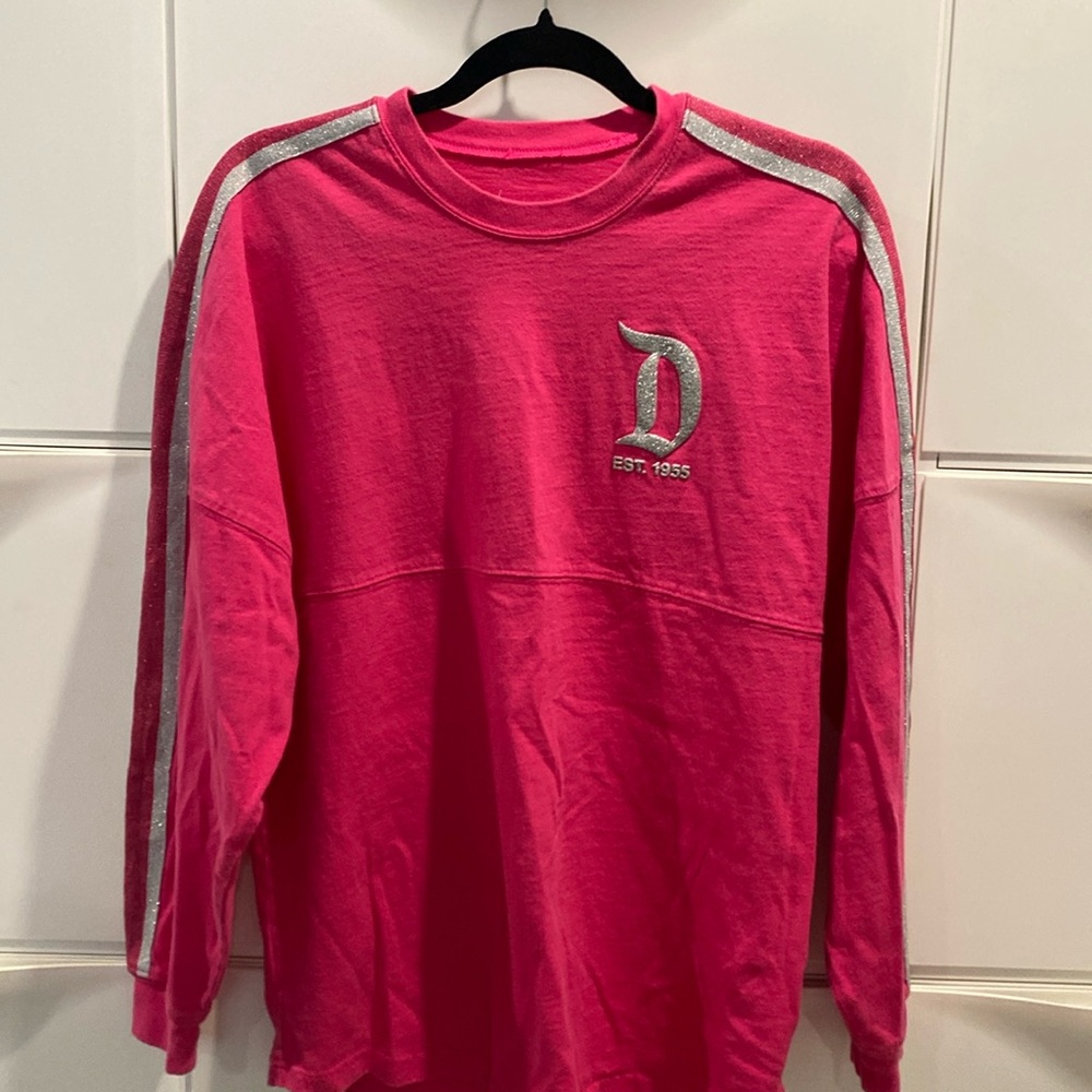 Vintage Disney pink sweatshirt. glitter lettering & stripes- shoulder to cuff.